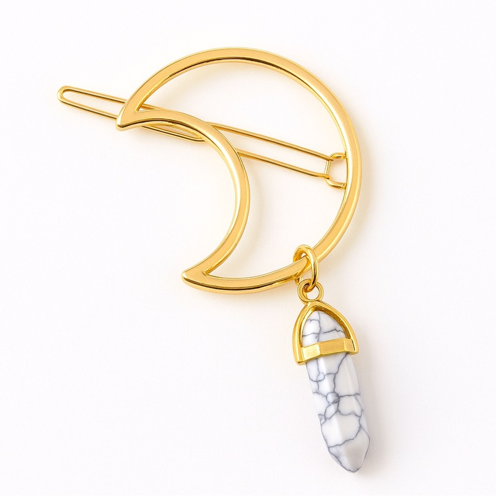 Gold Crescent Moon Hair Barrette White Howlite Crystal Dangle Celestial NEW
